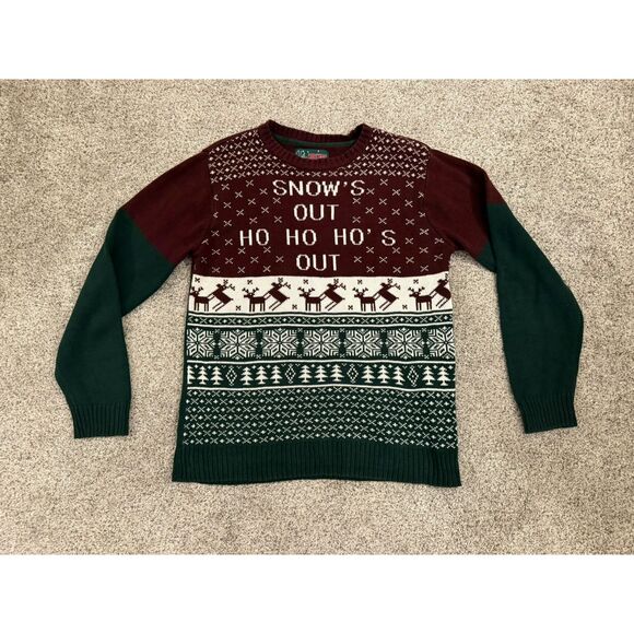 Ugly Christmas Sweater "Snow's Out Ho Ho Ho's Out" Maroon Green Deer Mens Sz L - Picture 2 of 5